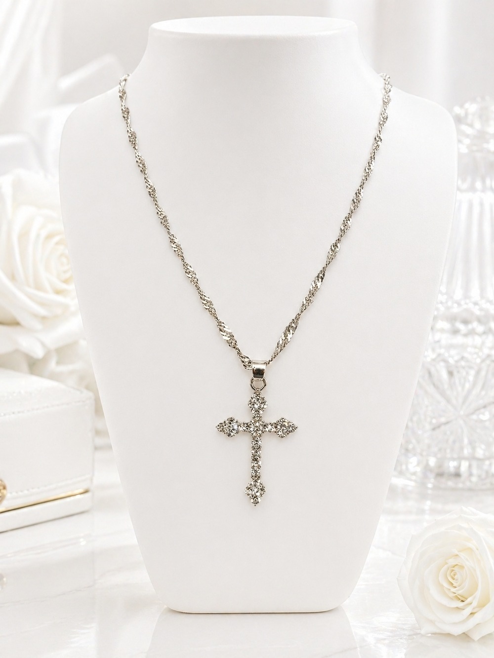 Silver Crystal Cross Pendant Necklace Women Jewelry